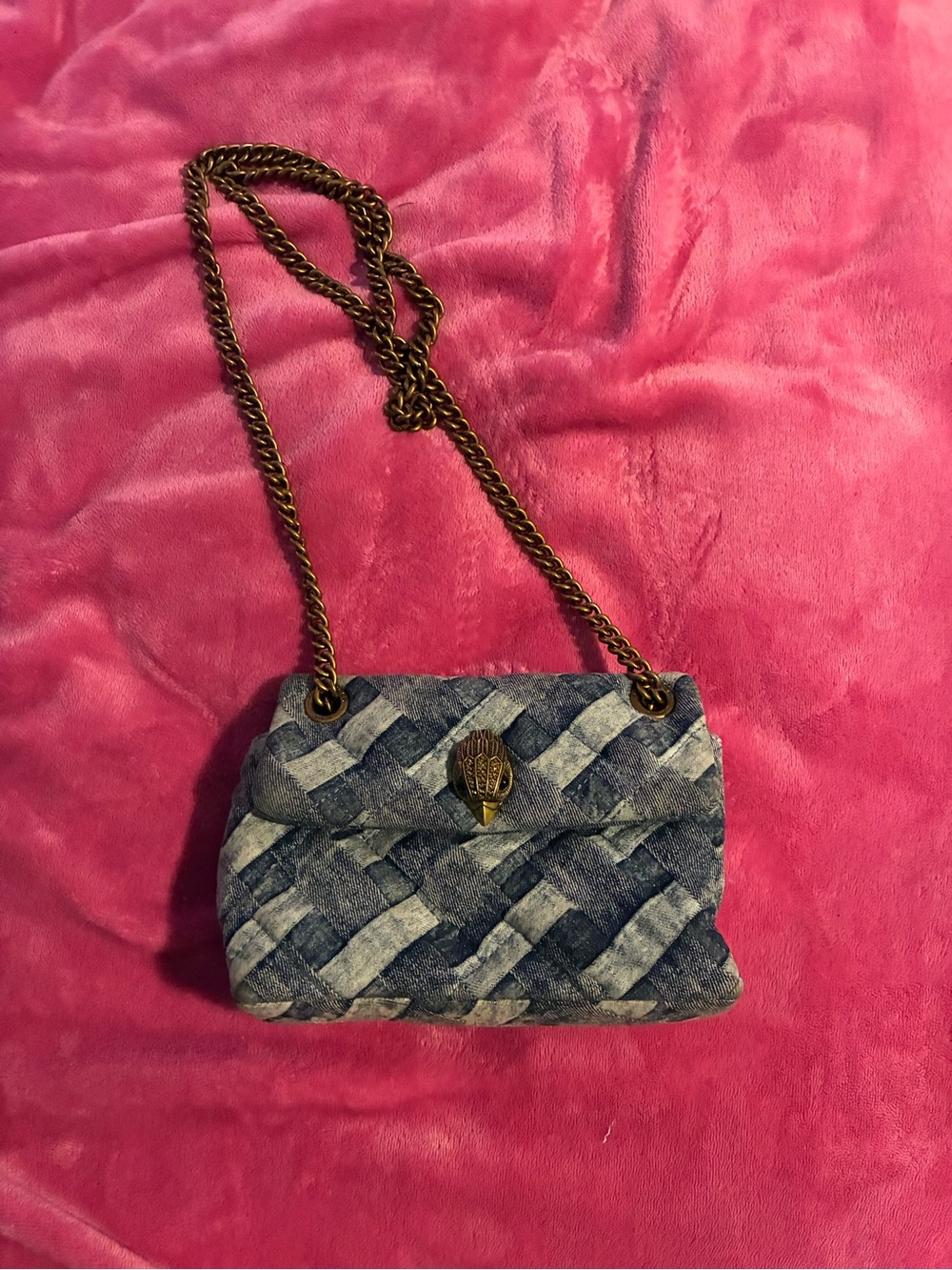 Kurt Geiger Quilted Denim Shoulder Bag with Antique Gold Chain
